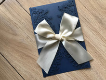 50pcs Pearl Navy Blue wedding Invitation with cream ribbon,Laser cut Invitation Cards,Bridal Shower Invitaiton with ribbon - Kdecoration