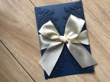 50pcs Pearl Navy Blue wedding Invitation with cream ribbon,Laser cut Invitation Cards,Bridal Shower Invitaiton with ribbon - Kdecoration