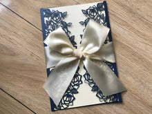 50pcs Pearl Navy Blue wedding Invitation with cream ribbon,Laser cut Invitation Cards,Bridal Shower Invitaiton with ribbon - Kdecoration