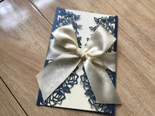 50pcs Pearl Navy Blue wedding Invitation with cream ribbon,Laser cut Invitation Cards,Bridal Shower Invitaiton with ribbon - Kdecoration