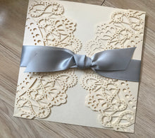 50pcs Pearl ivory Laser Cut Wedding Cards with silver ribbon,Engagement Invitation,Baby Shower Invitation with ribbon - Kdecoration