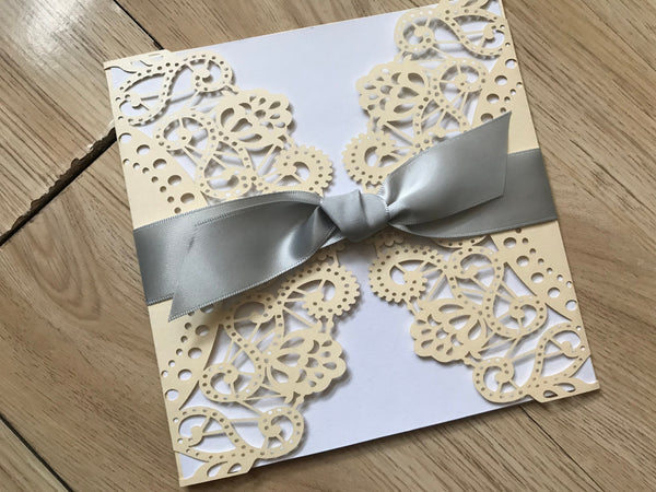 50pcs Pearl ivory Laser Cut Wedding Cards with silver ribbon,Engagement Invitation,Baby Shower Invitation with ribbon - Kdecoration