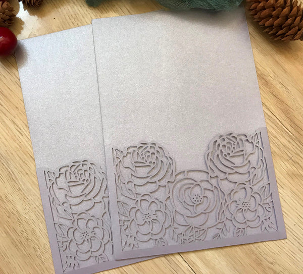 50pcs Pearl light purple Laser Cut Wedding invite covers,Menu Cards,Rose laser cut Invitations Cards - Kdecoration