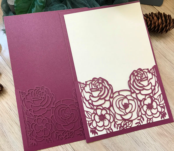 50pcs rose burgundy red Pocket laser cut wedding invitation cards,customPocket laser cut Invitations Cards,engagement shower invitation cards,pocket sweet 18th birthday invitation cards - Kdecoration