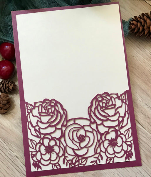 50pcs rose burgundy red Pocket laser cut wedding invitation cards,customPocket laser cut Invitations Cards,engagement shower invitation cards,pocket sweet 18th birthday invitation cards - Kdecoration