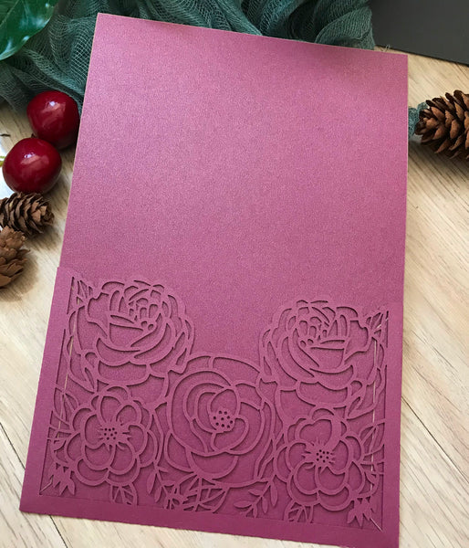 50pcs rose burgundy red Pocket laser cut wedding invitation cards,customPocket laser cut Invitations Cards,engagement shower invitation cards,pocket sweet 18th birthday invitation cards - Kdecoration