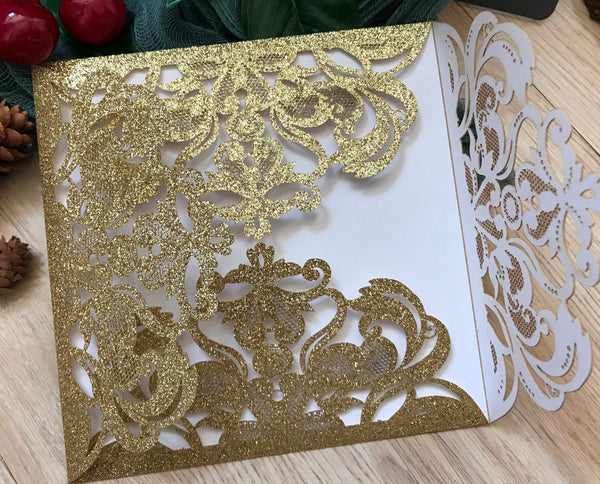 50pcs Glitter Silver laser cut wedding invite cards,Laser Cut Invitations Cards,Laser Cut Wedding Cards,custom engagement Invite Covers - Kdecoration