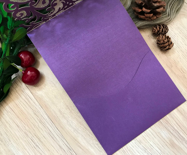 50pcs pearl purple pocket laser cut wedding invitations,custom laser cut invitatios cards - Kdecoration