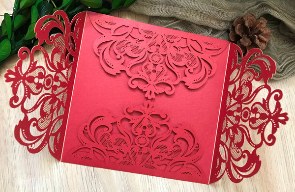50pcs pearl red 4 flaps laser cut invitations cards,laser cut invite cards,customize - Kdecoration
