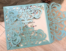 50pcs pearl light blue 4 flaps laser cut invitations cards,birthday invitation cards,wedding invite - Kdecoration