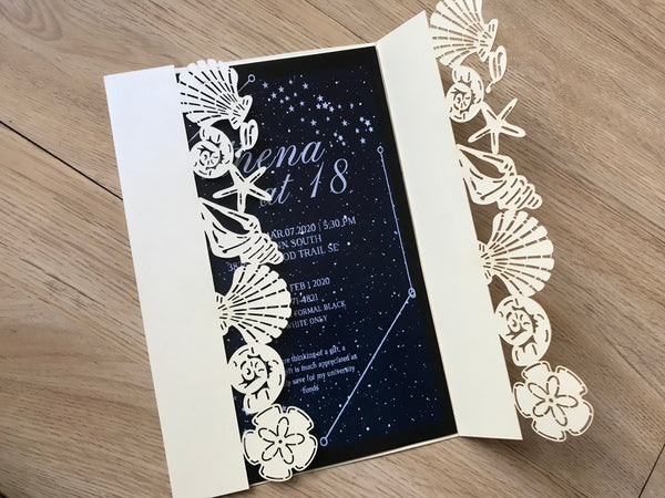 50pcs Pearl Cream Seashell Laser Cut Invitations cards,customize Laser Cut wedding invitations,laser cut invite cards,beach wedding party invitation cards - Kdecoration