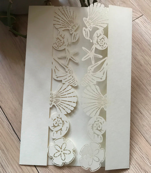 50pcs Pearl Cream Seashell Laser Cut Invitations cards,customize Laser Cut wedding invitations,laser cut invite cards,beach wedding party invitation cards - Kdecoration