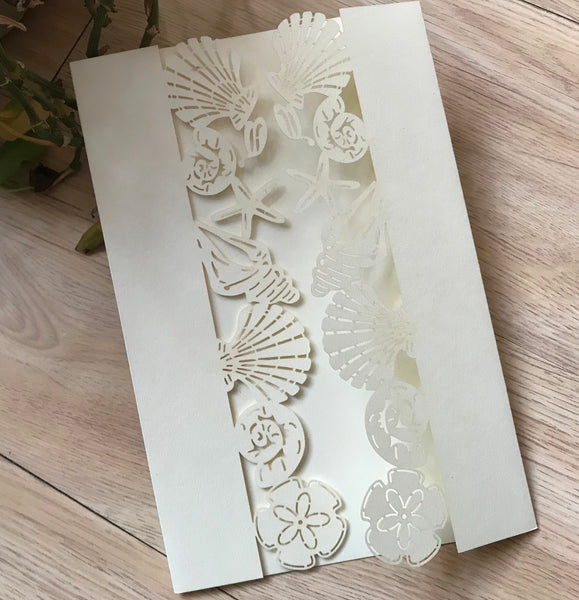 50pcs Pearl Cream Seashell Laser Cut Invitations cards,customize Laser Cut wedding invitations,laser cut invite cards,beach wedding party invitation cards - Kdecoration