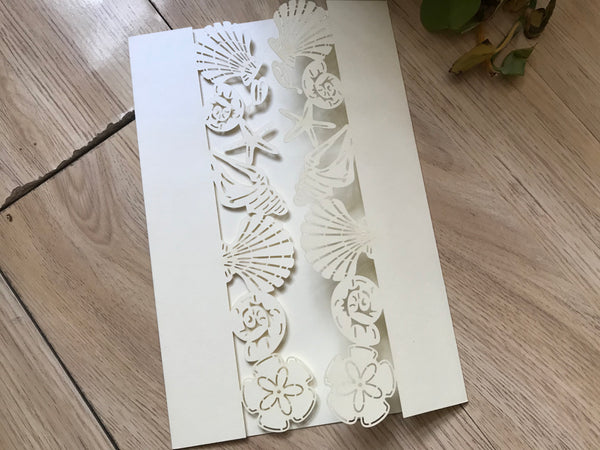 50pcs Pearl Cream Seashell Laser Cut Invitations cards,customize Laser Cut wedding invitations,laser cut invite cards,beach wedding party invitation cards - Kdecoration