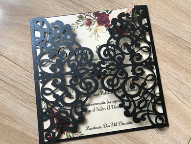 50pcs Pearl Black laser cut wedding Invitations,anniversary invitation cards,floral invitation - Kdecoration