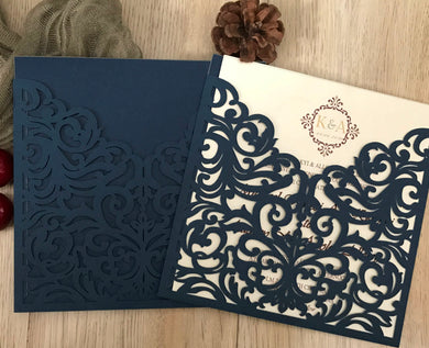 50pcs dark navy blue laser cut invitation covers,Pocket Bridal Shower Invitations cards - Kdecoration