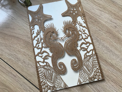 50pcs Kraft Paper Brown Seahorse Laser Cut Wedding Cards,laser cut wedding invitations - Kdecoration