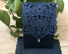 50pcs linen dark navy blue pocket style laser cut invitations cards,wedding invite covers - Kdecoration