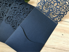 50pcs linen dark navy blue pocket style laser cut invitations cards,wedding invite covers - Kdecoration