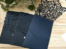 50pcs linen dark navy blue pocket style laser cut invitations cards,wedding invite covers - Kdecoration