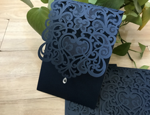 50pcs linen dark navy blue pocket style laser cut invitations cards,wedding invite covers - Kdecoration