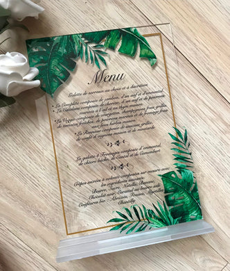 Cartes de menu en acrylique feuilles de palmier avec base, cartes de menu personnalisées 10 pièces, livraison gratuite, invitations de mariage en acrylique, invitations en acrylique transparent